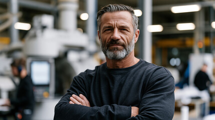 Obraz premium Middle aged factory supervisor crosses arms and frowns at a touchscreen automation panel installed over legacy machinery, body language communicating deep resistance to digital transformation rollin