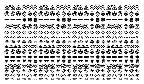 Ethnic tribal pattern with rows of hand drawn geometric symbols in a folk art style