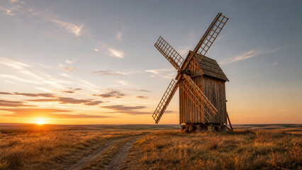 Obraz premium Rustic Wooden Windmill In Countryside At Sunset