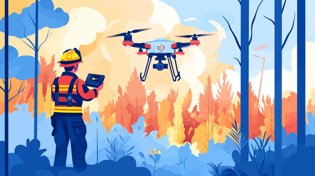 Forest firefighter using drone for aerial fire monitoring amidst trees