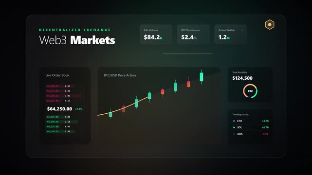 Premium web3 cryptocurrency trading exchange glassmorphism dashboard animation
