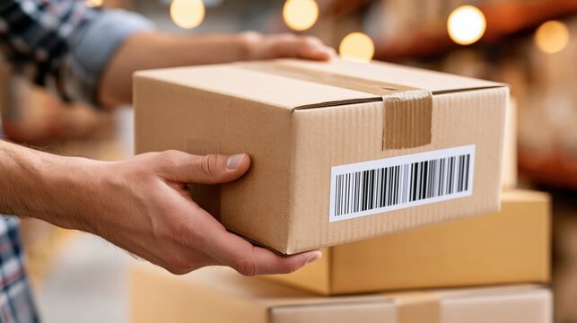 Hands holding a cardboard package with a barcode label in a warehouse