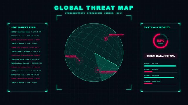 Global cybersecurity threat detector network hacking dashboard animation