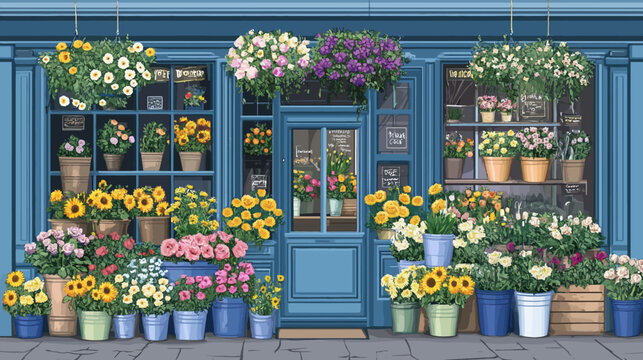 Blue flower shopfront with colorful potted blooms and hanging plants