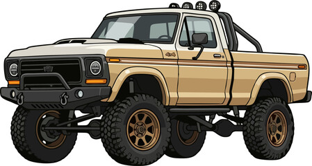 Beige Tan Classic 4x4 Lifted Pickup Truck with Roof Lights Winch Bull Bar and Bronze Wheels Vector Illustration for Overlanding Off Road and Automotive © Amanda