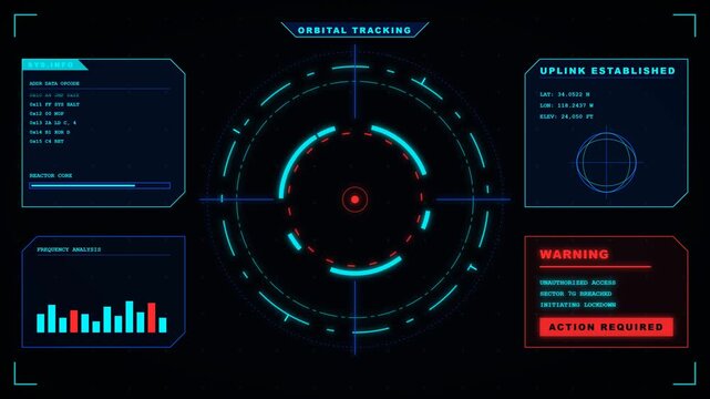 Sci-fi HUD futuristic interface animation targeting screen with glowing neon radar and data