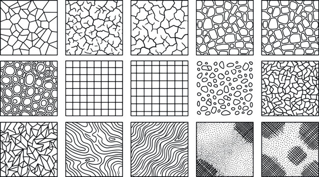 Hand drawn black and white geometric abstract seamless patterns grid waves cracks cobble texture design element set vector illustration