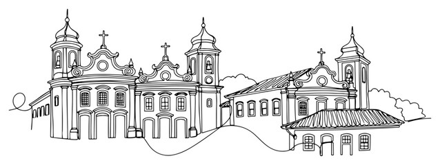 Colonial baroque churches and historic old city street in continuous line art style © Katarzyna