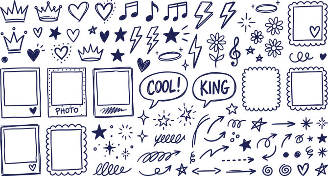 Hand drawn cute doodle element set with polaroid photo frames crowns stars arrows speech bubbles hearts flowers music notes vector illustration