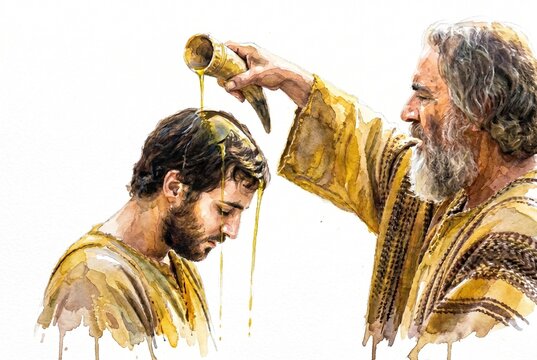 Watercolor illustration of the Prophet Samuel anointing young King David with oil from a horn. Biblical blessing concept isolated on a white background with copy space. Generative AI.