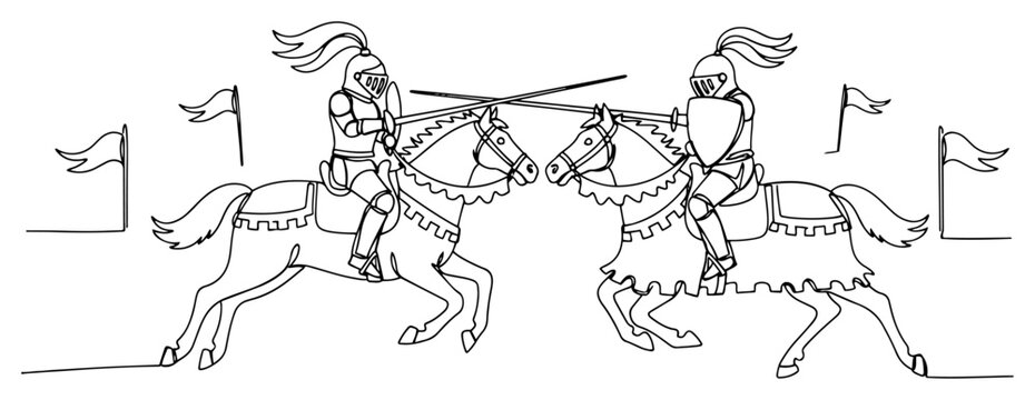 Medieval knights jousting on horses with lances in continuous one line drawing style