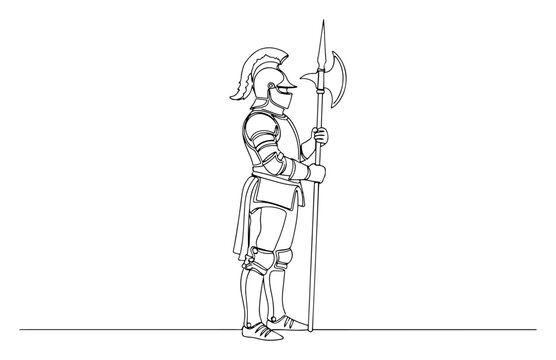 Medieval knight in armor holding halberd poleaxe weapon in continuous one line drawing style