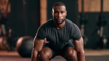 Fototapeta premium Muscular Black man in gym wear performing a weighted lunge exercise