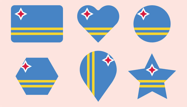 Aruba Flag Icons Vector Set with Heart Circle Star Hexagon and Location Pin Symbols