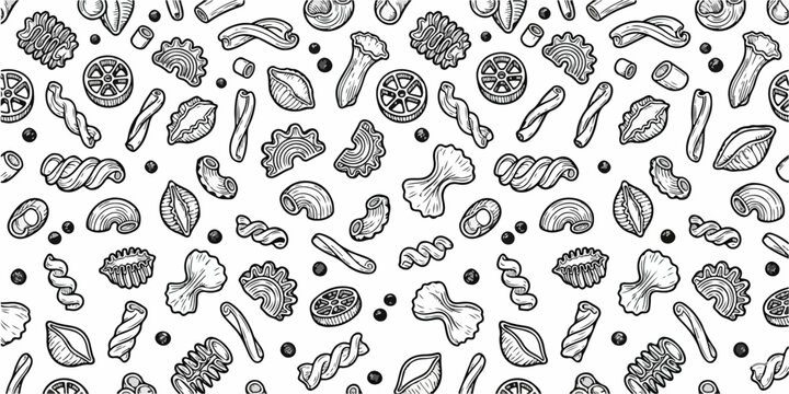 Seamless pasta pattern with Italian macaroni types: Fusilli, Rigatoni, Capellini, Conch, Gobetti, Stelle, Fiori. Vintage hand-drawn doodle food icons. Vector outline background.