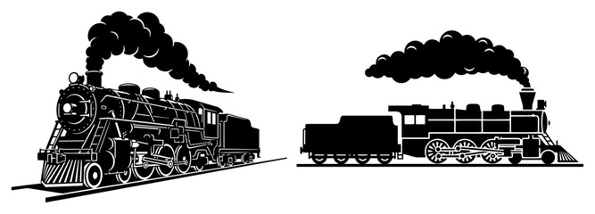 Steam locomotive train engines in side and perspective view retro vector illustration © Katarzyna