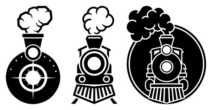 Steam locomotive front view logo templates and emblems black and white vector design