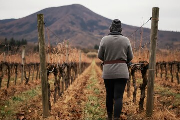 Fototapeta premium Farmer works in vineyard during autumn season. Person prunes dry vine branches with shears. Rural landscape with mountain backdrop, overcast sky.