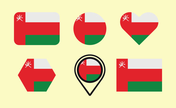 Oman Flag Icons Vector Set with Heart Circle Hexagon and Location Pin Symbols