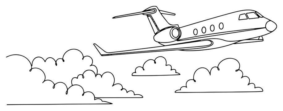 Private jet airplane flying in the sky above clouds continuous line art vector illustration