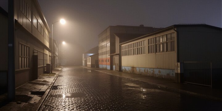 A foggy nighttime industrial street scene in an abandoned area features cobblestone pavement and weathered buildings under warm yellow streetlights.