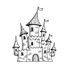 Fototapeta premium Whimsical Castle Drawing, Fairytale Fantasy Fortress, Medieval Architecture