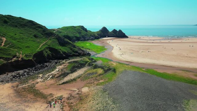 view of the Three Cliffs Bay in Wales - drone flight