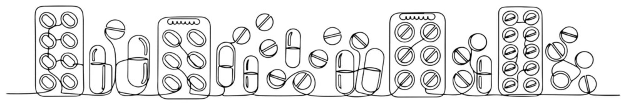Medicine blister packs with pills and capsules in continuous line art style