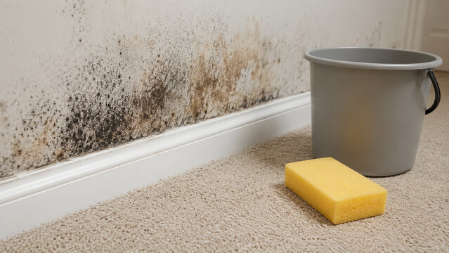 Mold growth on a wall near the floor with a sponge and bucket placed on the carpet, suggesting cleaning or mold removal.