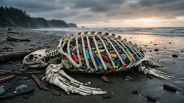 Artistic representation of sea turtle skeleton choked with ocean plastic trash