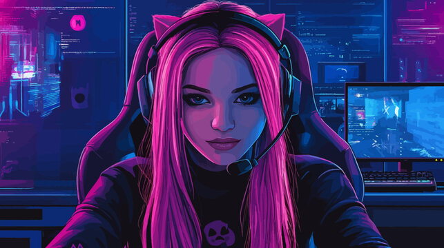 Female gamer with pink hair, headphones, desktop, neon-lit background