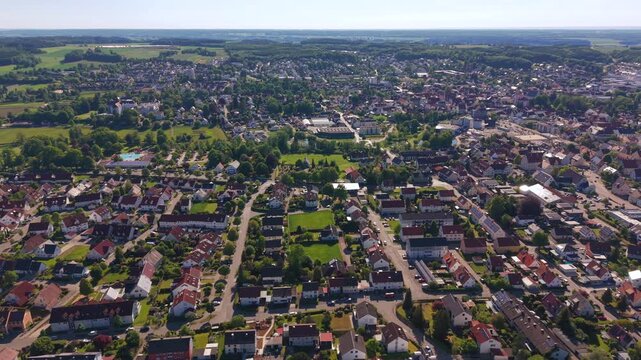 Drone shot of the traditional architecture in Krumbach, Germany. Drone panorama of the market area, historic buildings and beautiful green summer landscape. Vogelperspektive auf Krumbach