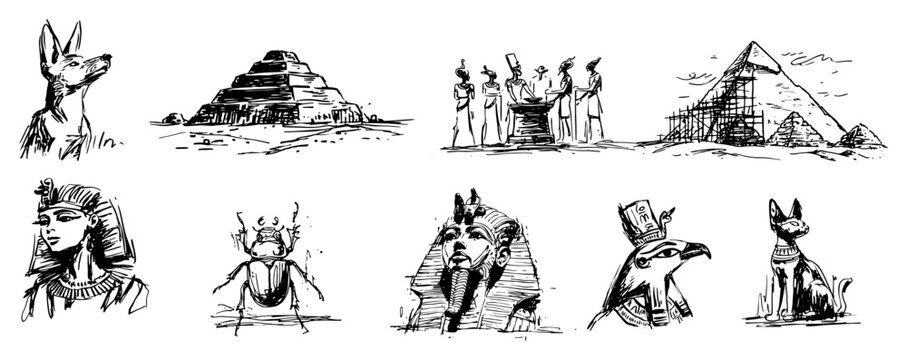 Ancient Egypt culture icons featuring pyramids pharaoh sphinx scarab beetle and deities in hand drawn sketch style