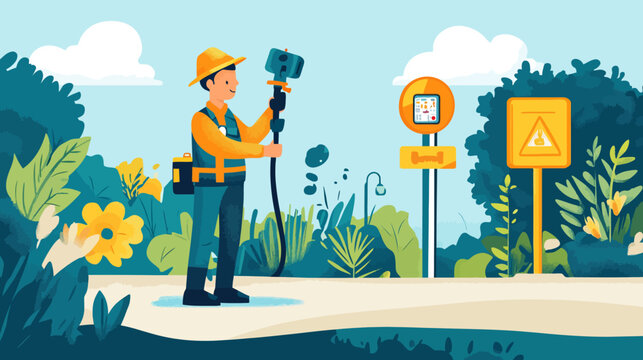 Illustration of a worker in outdoor safety gear operating ground-penetrating radar
