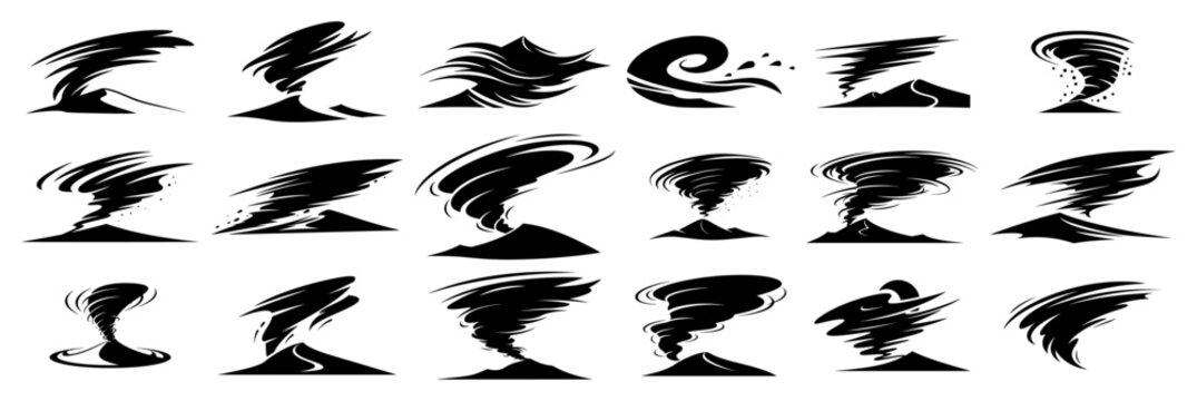 Tornado and hurricane cyclone icons set showing spinning wind vortexes in flat vector style
