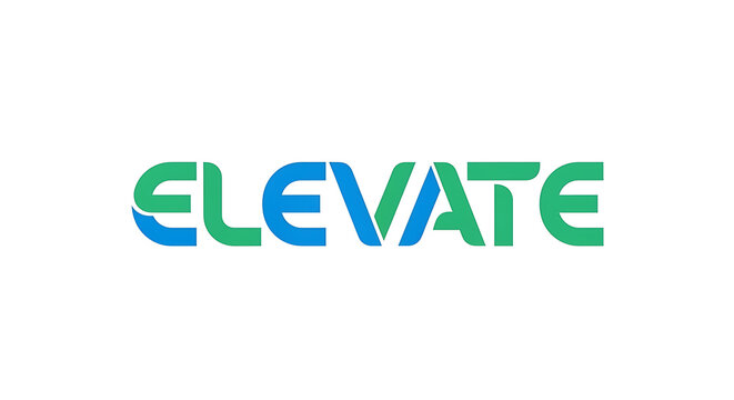 Blue gradient "elevate" text on white background, typography sans-serif