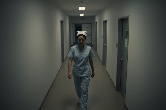 A nurse in light blue scrubs walks down a hospital corridor with a neutral expression.