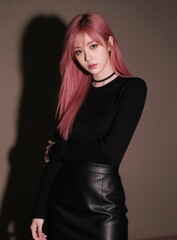 Fototapeta premium Young woman with long pink hair wears black shirt and leather skirt. She poses indoors against a neutral background with dramatic shadows. Her style is modern and edgy.