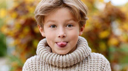 Fototapeta premium Playful young boy sticking out his tongue in a cozy sweater outdoors