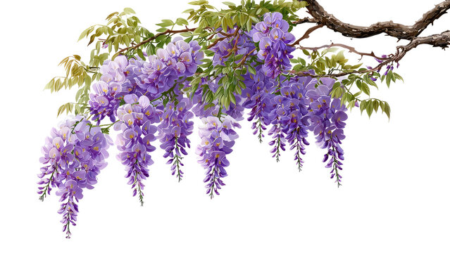 Blooming purple wisteria flowers on tree branch isolated image for spring design and nature backgrounds