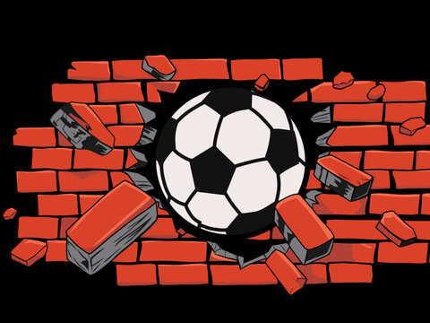 Soccer ball breaking through red brick wall vector illustration with street sport style for poster, mural, shirt, and print design