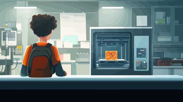 Child observing 3D printer with an orange object inside