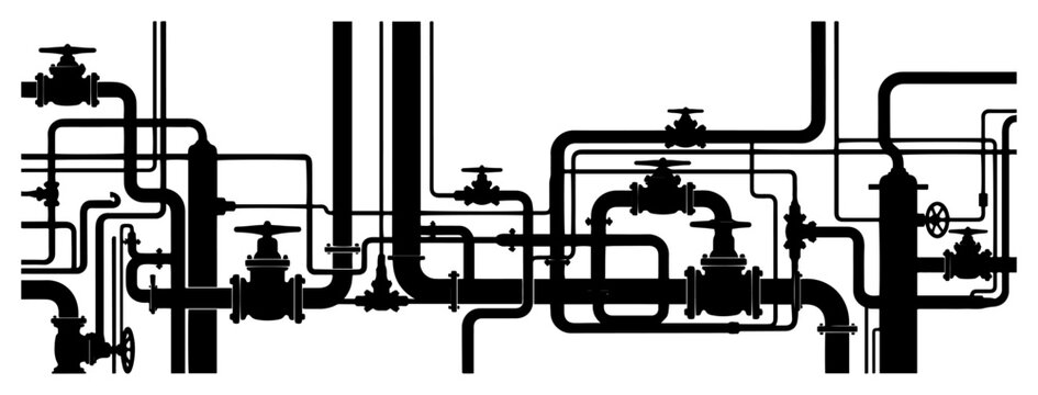 Industrial pipe network with valves and pipeline systems black silhouette vector background
