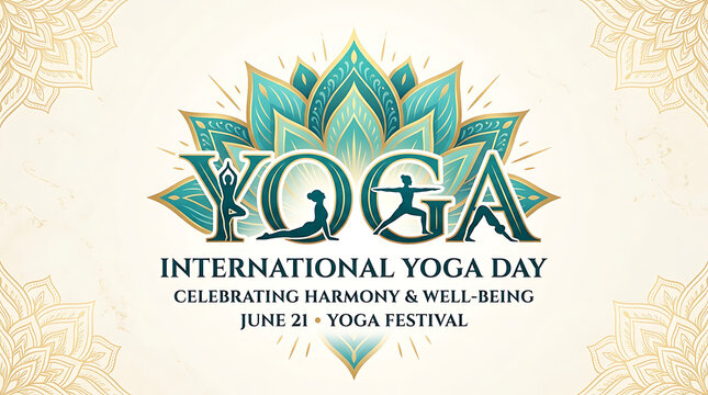 International yoga day celebration poster with lotus motif and silhouettes