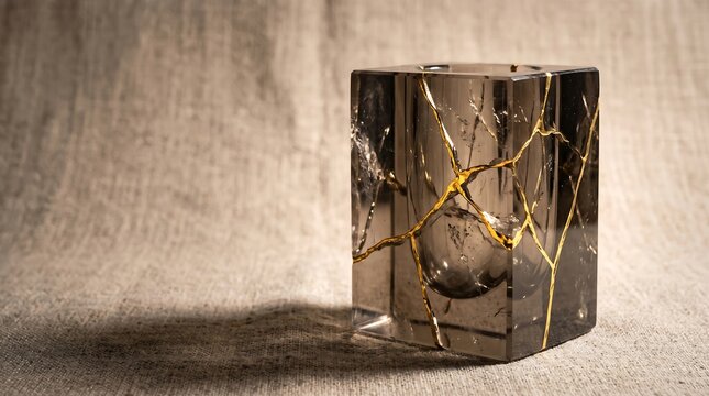 Kintsugi and resilience concept. Minimalist smoky glass block with gold veins repairing fractures over a textured linen background.