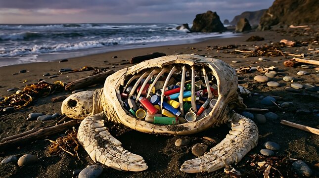 Plastic-filled sea turtle skeleton art installation on sandy beach shoreline