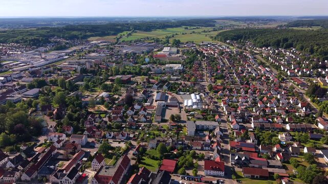 Aerial view of Krumbach in Swabia, Bavaria. Drone footage of the historic townscape. Stadtpanorama von Krumbach Schwaben. Drohnenflug. Luftbild der Wohnviertel und Strassen. Drone panorama of Krumbach