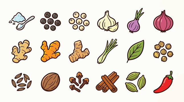 A vibrant collection of various spices and seasonings, including salt, peppercorns, garlic, onion, ginger, lemongrass, bay leaf, and chili pepper.