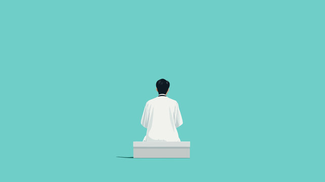 Meditative figure in white robes seated cross-legged facing away on simple platform, calm blue background