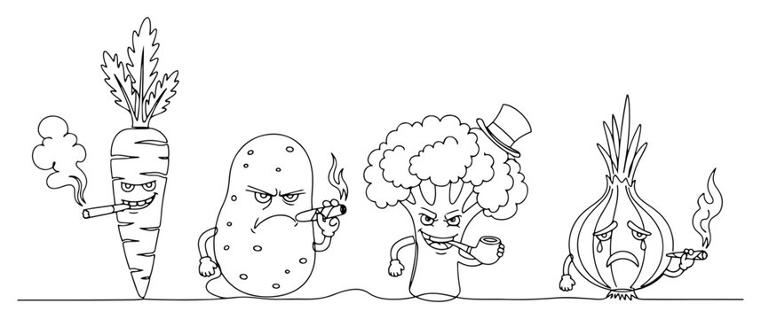 Funny angry cartoon vegetables smoking with grumpy expressions in continuous line art style